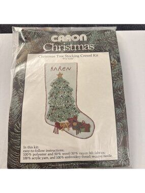 Caron Christmas Tree Stocking Crewel Embroidery Kit 6393 Felt Sequins 16" BB37